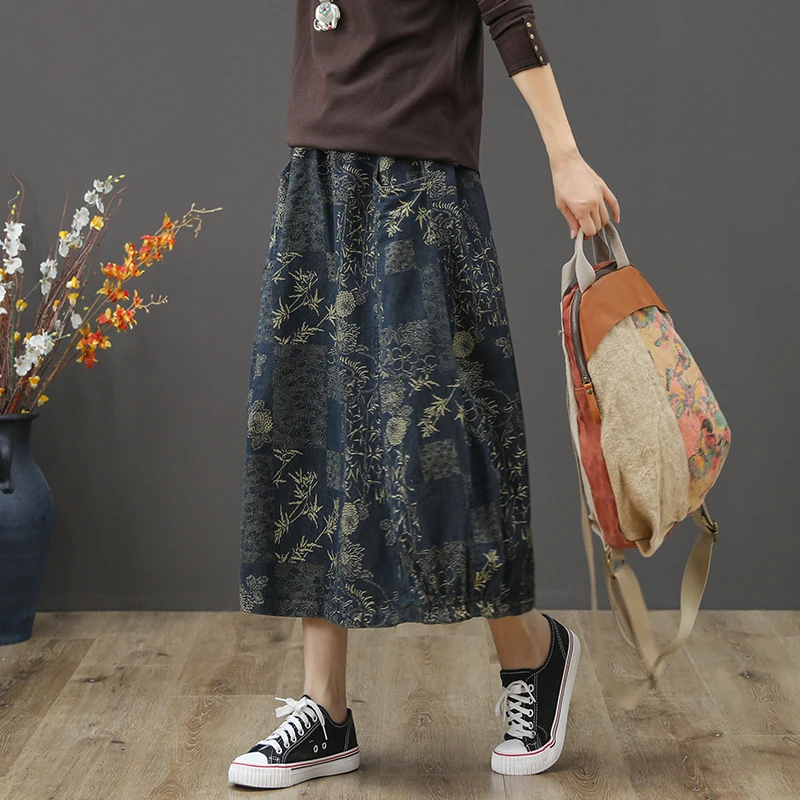 

Vintage literary print floral denim A-Line skirt saia mori girl 2018 new