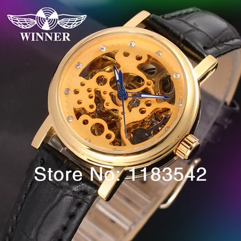 

Winner new Automatic Ladies fashion skeleton dress watch gold color with clear stones free shipping