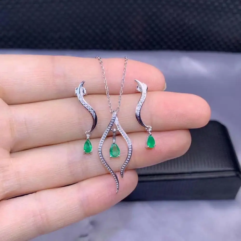 

SHILOVEM 925 sterling silver Natural Emerald stud earrings pendants send necklace fine Jewelry wedding new gift dtz0405e0305agml