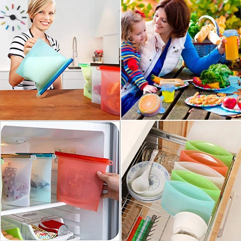 Reusable Silicone Food Storage Kit, 4 BPA Free Food Storage Bags with 6 Silicone Stretch Lids, Eco-Friendly Convenience for Pr