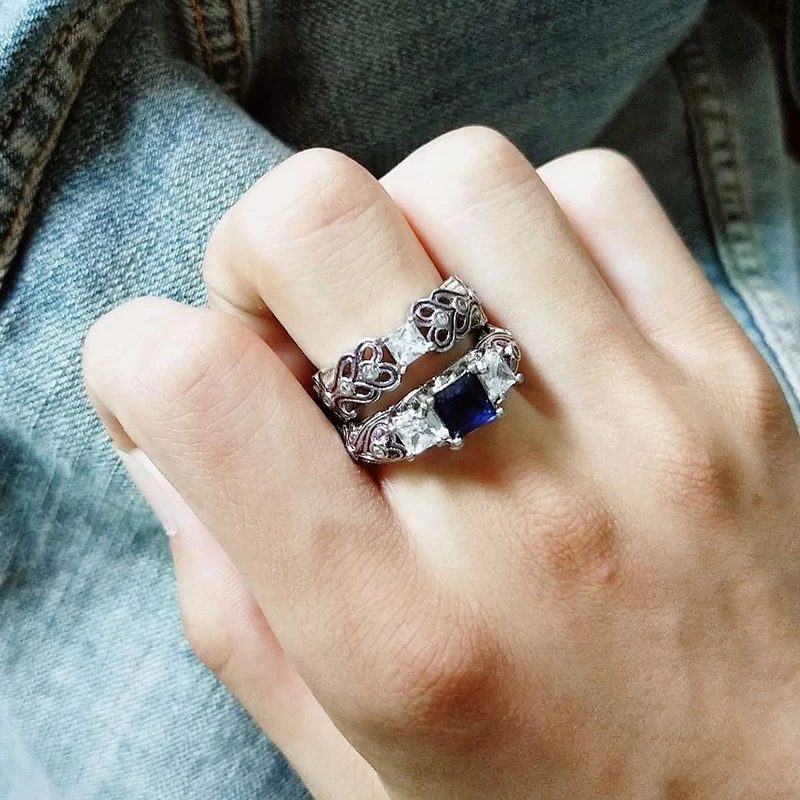 2 Pcs/Set Fashion Hollow Square Heart Love G Crystal Geometric Ring Set Female Wedding Party Clothing Jewelry Accessories | Украшения и