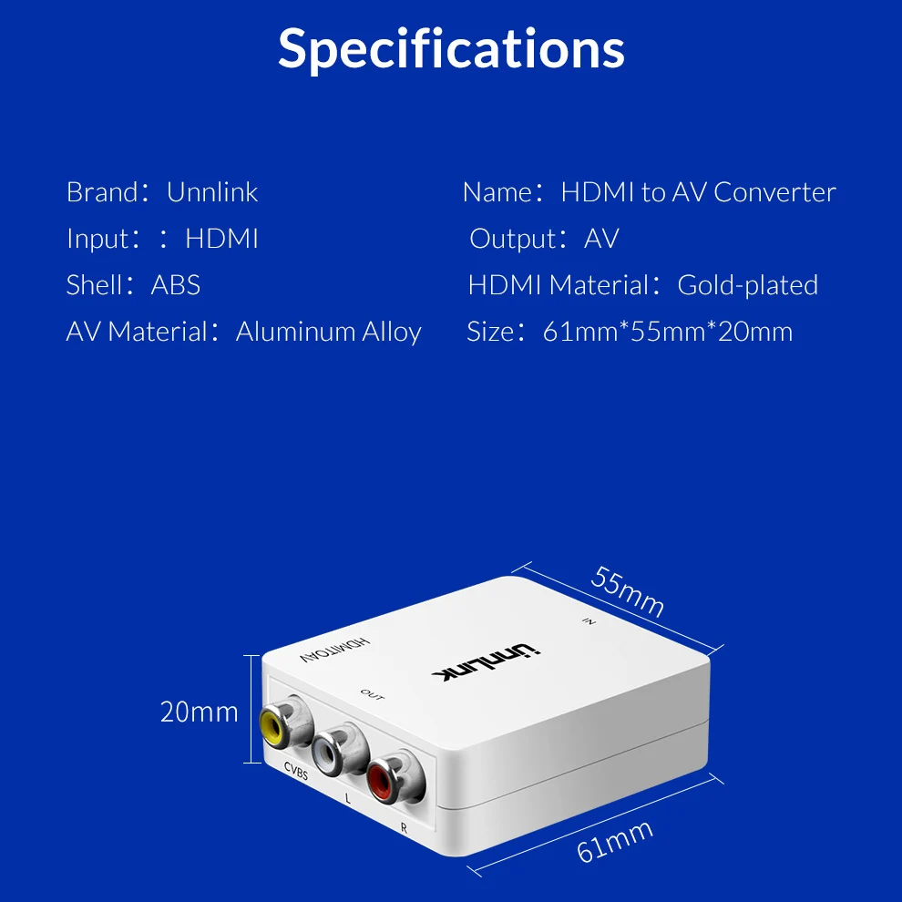 Адаптер Unnlink HDMI AV преобразователь в CVSB RCA композитный сигнал 720P 1080P NTSC PAL для