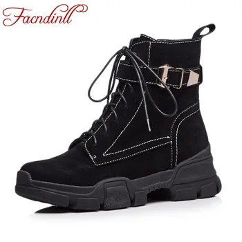 

FACNDINLL 2018 new fashion autumn winter women ankle boots shoes genuine leather black zipper platform woman motorcycle boots