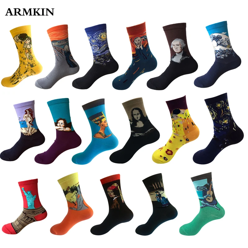 

ARMKIN 1pair=2pieces Combed Cotton Colorful Van Gogh Retro Oil Painting Men Socks cool casual happy Funny crew Socks christmas