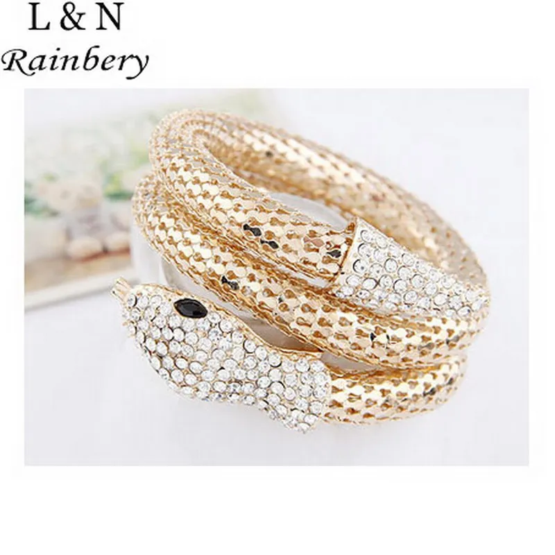 Rainbery Vintage Bracelet Retro Punk Rhinestone Curved Stretch Snake Cuff Bangle Bracelet European Charm Beads Bracelets