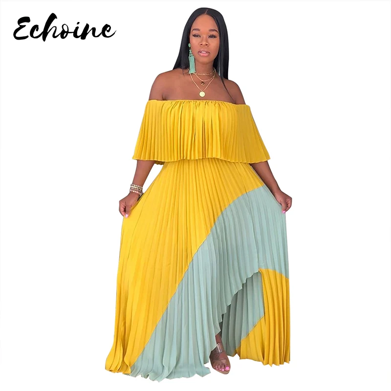 

Echoine Sexy Slash Neck Off Shoulder Patchwork Irregular Maxi Pleated Dress Yellow Color Block Party Long Dresses S-XXL Vestidos