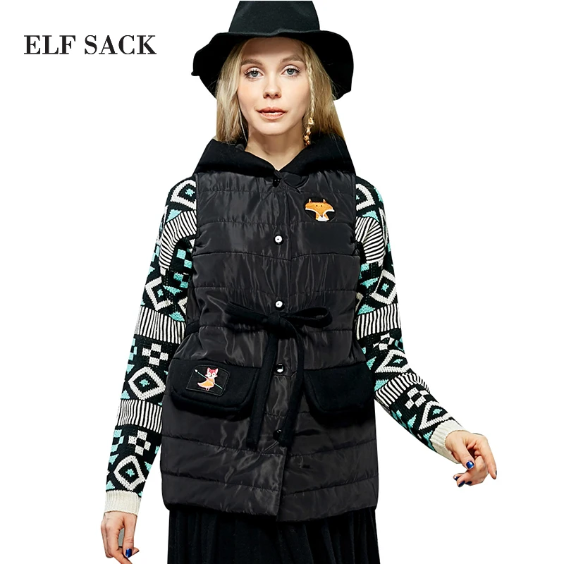

ELF SACK Women Winter Ultralight Sleeveless Embroidery White Duck Waistcoat With Hood
