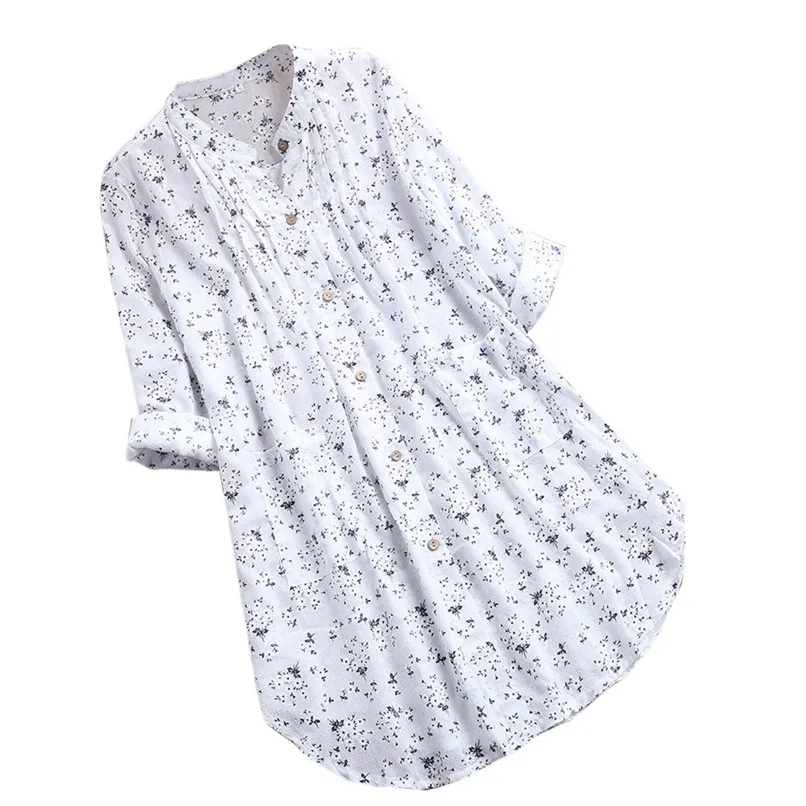 Женская свободная рубашка размера плюс с v-образным вырезом, плиссированная хлопковая блузка с цветочным принтом и длинным рукавом, повседневный женский топ и блузки, сорочка для женщин#20 - Цвет: Белый