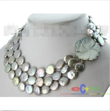 

FREE SHIPPING>@@> 3row 14mm coin gray freshwater pearl necklace shell clasp p317 ^^^@^Noble style Natural Fine jewe &
