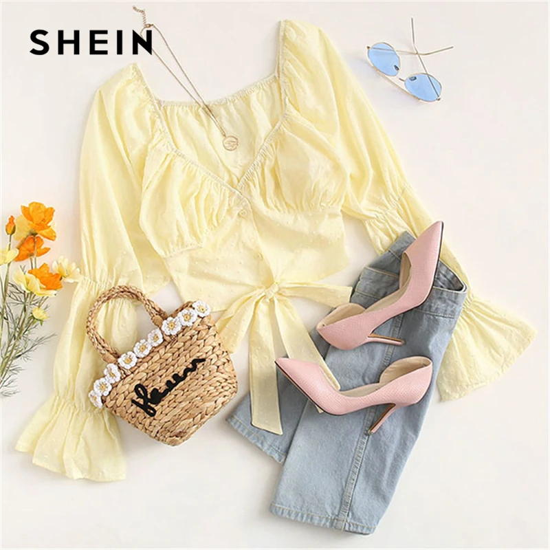 SHEIN Укороченный Топ С Открытой Спиной И Глубоким Вырезом, Блузка С Оригинальными Рукавами