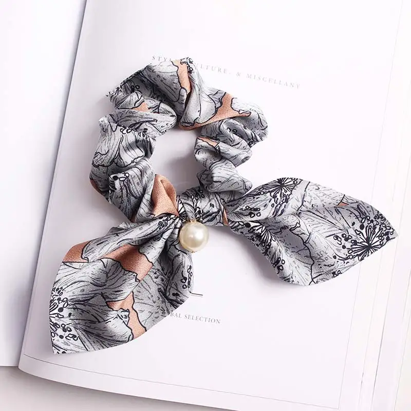 Модные женские винтажные шелковые резинки для волос с жемчужным принтом, повязка для волос с кроличьими ушками для девочек, держатель для галстуков, резинки, аксессуары для волос - Цвет: Gray B