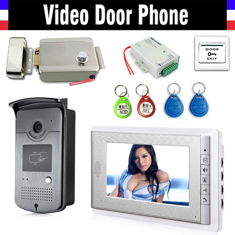 7\ Screen Video Door Phone Doorbell Intercom System + Electric Lock+Alunimum pane Camera + Power Supply+ Door Exit+ ID Keyfobs