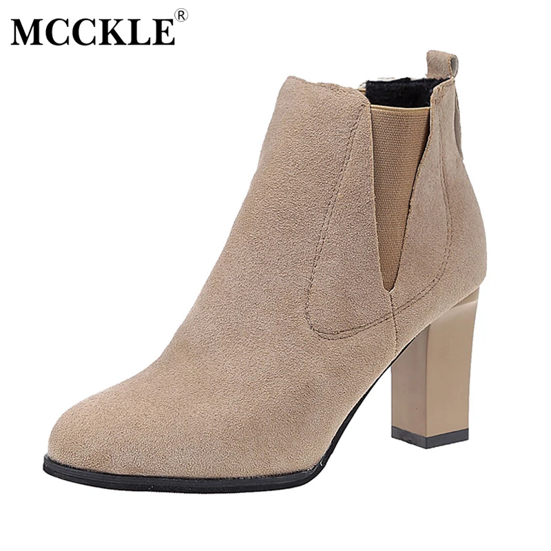 

MCCKLE Female Slip On Elastic Band Autumn Ankle Boots Ladies Fashion Thick Heel Flock Style Casual Comfortable Solid High Heels