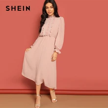 SHEIN Frill and Lace Trim Half Placket Dot Jacquard Long Dress Stand Collar Midi Dress Women Long Sleeve A Line Elegant Dress SHEIN Frill and Lace Trim Half Placket Dot Jacquard Long Dress Stand Collar Midi Dress Women Long Sleeve A Line Elegant Dress