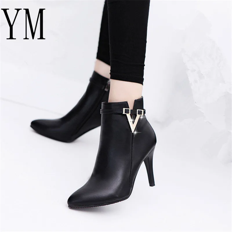 Tanie 2018 wiosna jesień szpilki buty na cienkich wysokich obcasach szpiczasty nosek Faux Leather Zipper Style Sexy Martin buty kostki damskie buty