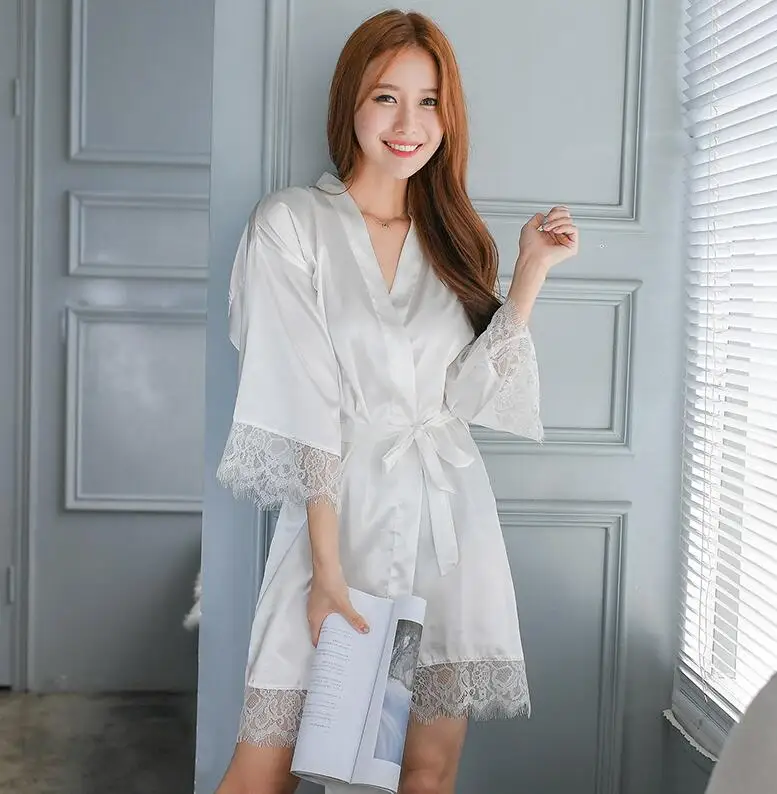 Новое поступление, женский сексуальный Шелковый Атласный халат, кружевное кимоно, халат, элегантный ночной халат, летний банный халат, мягкий халат для женщин - Цвет: Белый