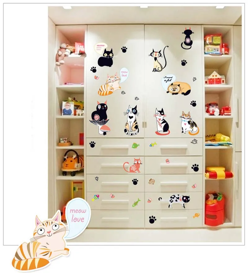 Cartoon Cat Vinyl Kitchen Wall Stickers Wallpaper Animal Family Living Room Sofa Wall Decoration Poster Home Decor