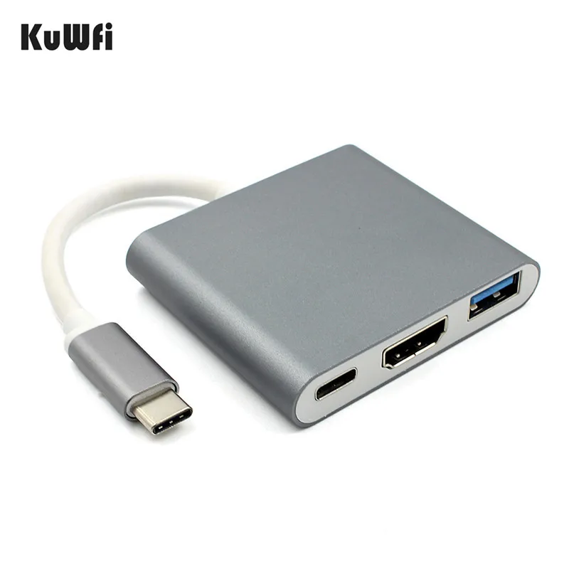 KuWFi USB концентратор type C USB 3,1 к USB-C 4 к HDMI USB3.0 адаптер 3 в 1 концентратор для Apple Macbook type-C к HDMI кардридер - Цвет: gray