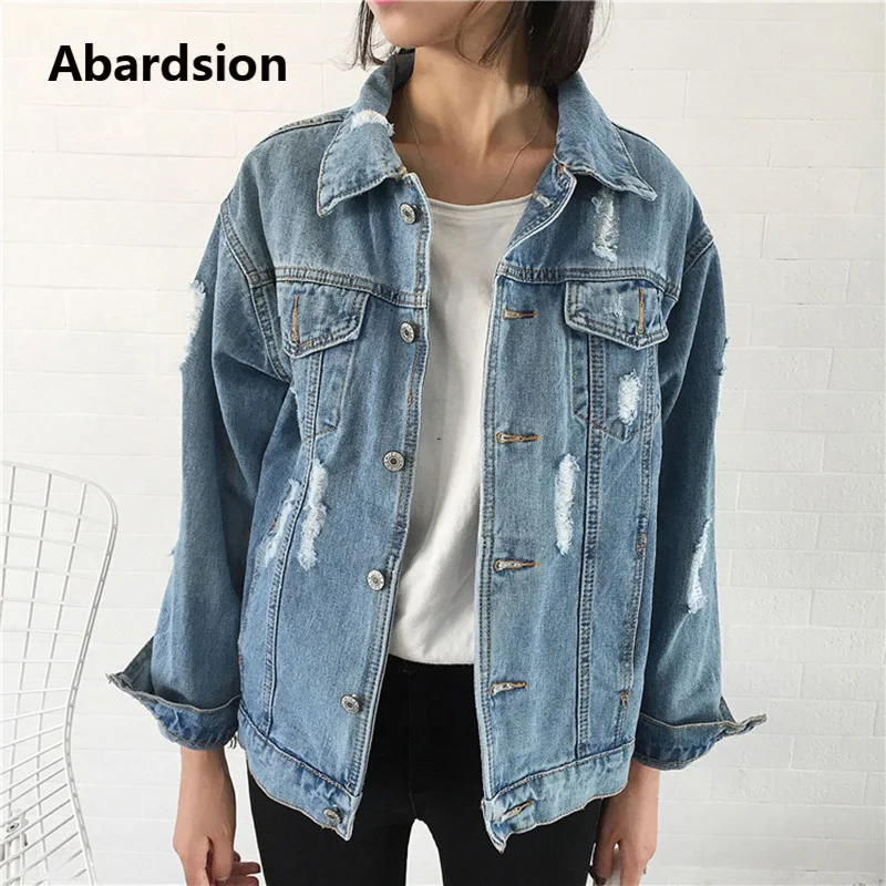 

Abardsion Womens Autumn Denim Jacket Coat 2019 Women Slim Ripped Holes Jeans Jacket Femme Elegant Vintage Bomber Jackets