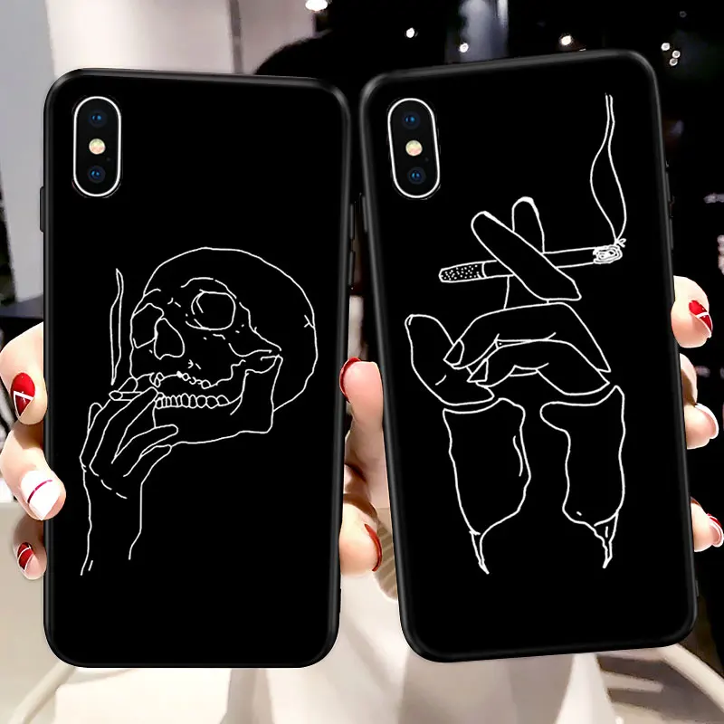 

Smoking Skull White Art Line Silicone Phone Case For iPhone 6S Case for iPhone X XR XS Max 5s SE 6 7 8 Plus Case Cover