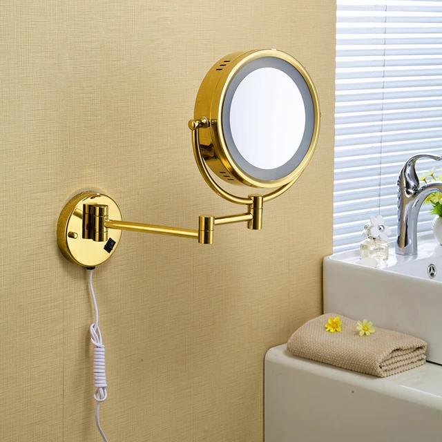 OWOFAN Bath Mirrors 9 Inch Brass 13 Magnifying Wall Round Led Cosmetic Makeup Mirror With