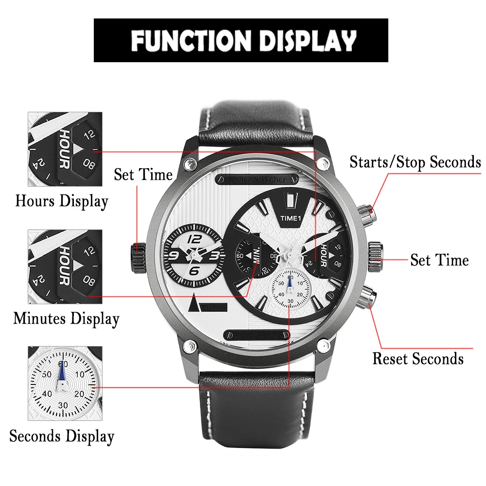 Keller & Weber Business Men's Watches Dual Time Zone Quartz Wrist Watch Genuine Leather Band Male Wirst Clock  (14)