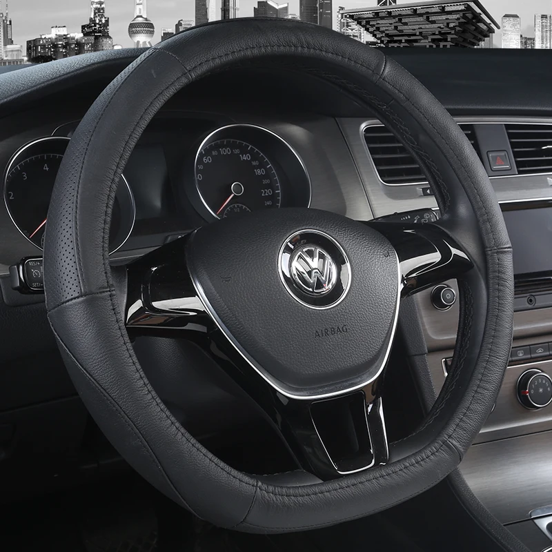 

KKYSYELVA D Shape Steering-Wheel Black Auto Car Steering Wheel Cover Leather 38CM wheel cover Interior accessories