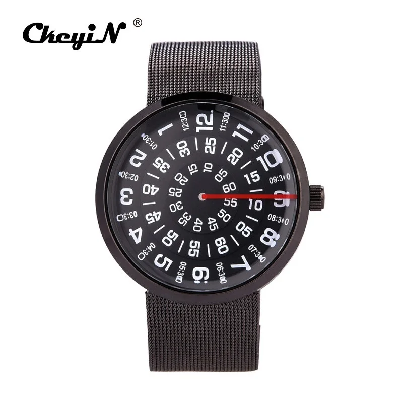 

Luxury Men's Quartz Watches Creative Unique Rotation Dial Turntable Watch Stainless Steel Mesh Wrist Watch Black Male Clock 45