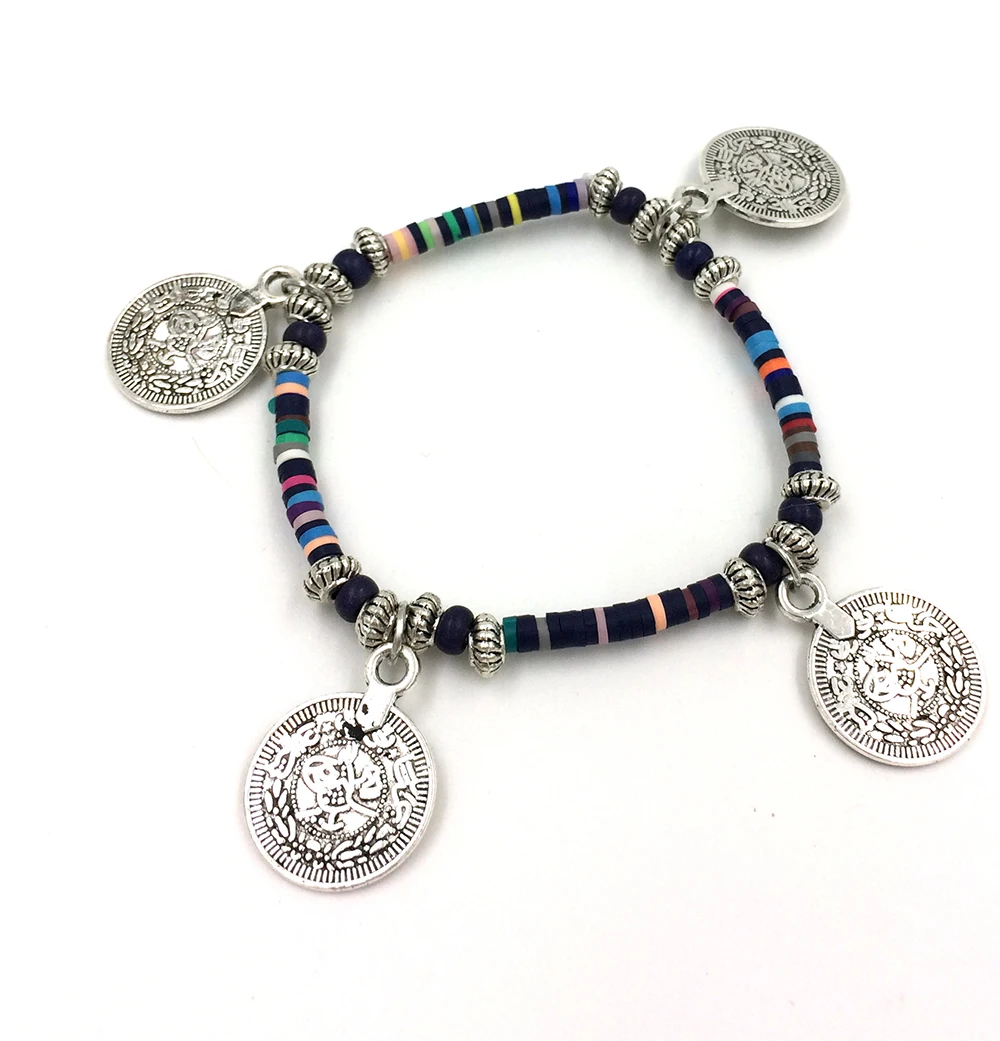 New European Boho Jewelry Suppliers Handcrafted Bracelet Muticolos Polymer Clay Beaded Bracelets Tassel Coin Charm Bracelet