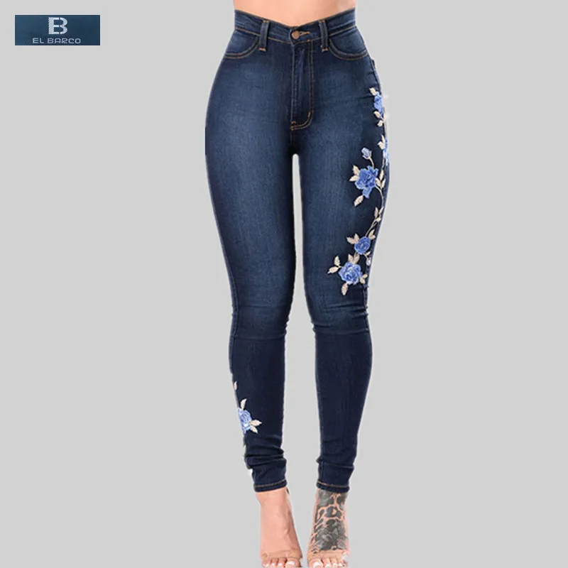 

[EL BARCO] Cotton Floral Embroidery Casual Jeans Female High Waisted Soft Blue Skinny Pencil Pants Women Denim Trousers Size 3XL
