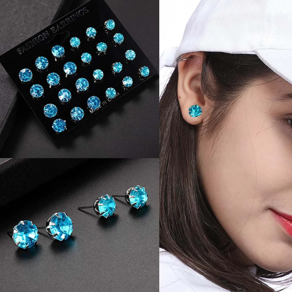 

12 Pairs/set Crystal Earrings Set White Black Cubic Zircon Stud Earrings Set for Women Simple Alloy Earrings