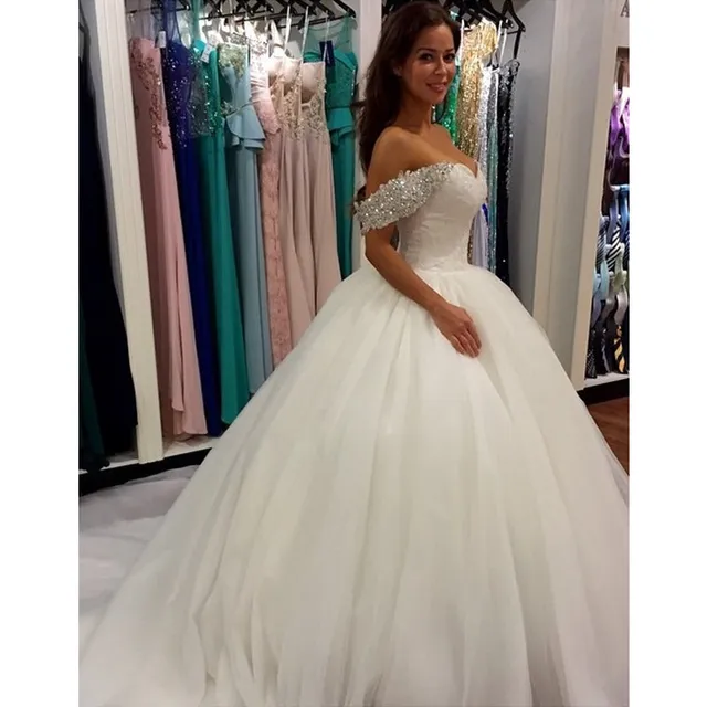 Beautiful Wedding Dress Lace Customized Elegant Long Train Ball Gown Beautiful Wedding Dress Lace Customized Elegant Long Train Ball Gown Dubai Off The Shoulder White Vestido