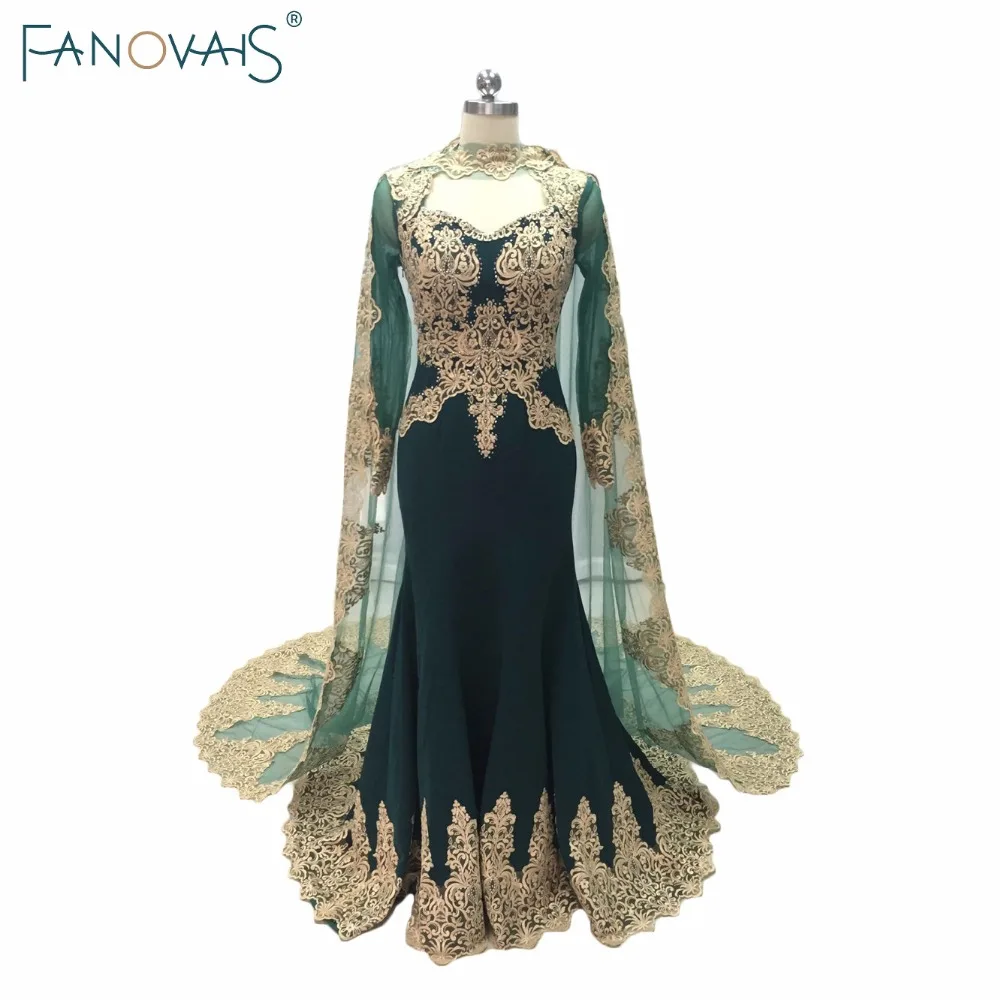 Зеленый Русалка вечерние платья с мысом 2019 Kafatan Lace Robe de Soiree Muslim Gold Embroidery вечернее