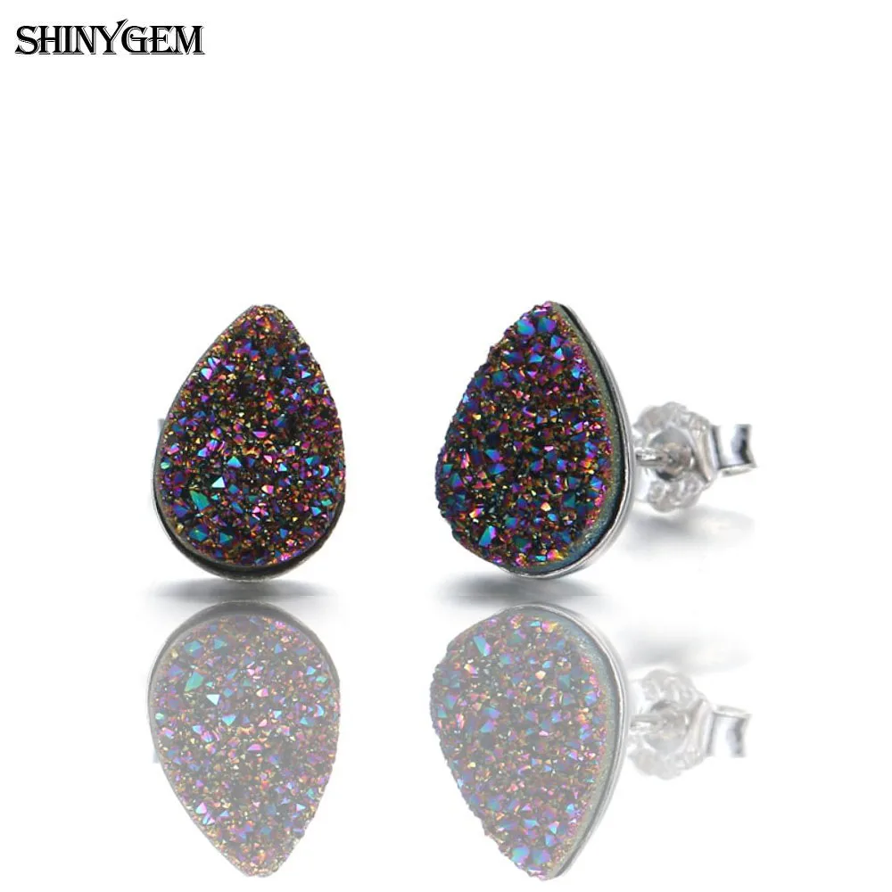 ShinyGem 8 мм 925 пробы серебряные серьги-гвоздики Любовь Сердце треугольник Овальный Капля воды небольшой Druzy натуральный камень серьги для женщин - Окраска металла: Rainbow Water Drop