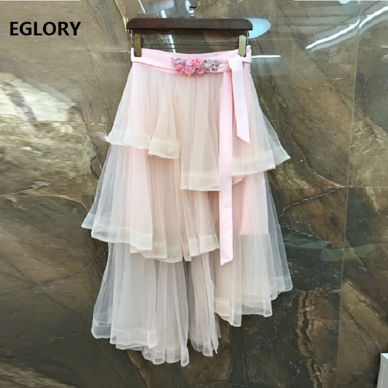 

Top Quality Skirt 2019 Summer Fashion Sexy Party Club Skirt Women Hand Made Beading Cascading Ruffle Asymmetrical Skirt Princess