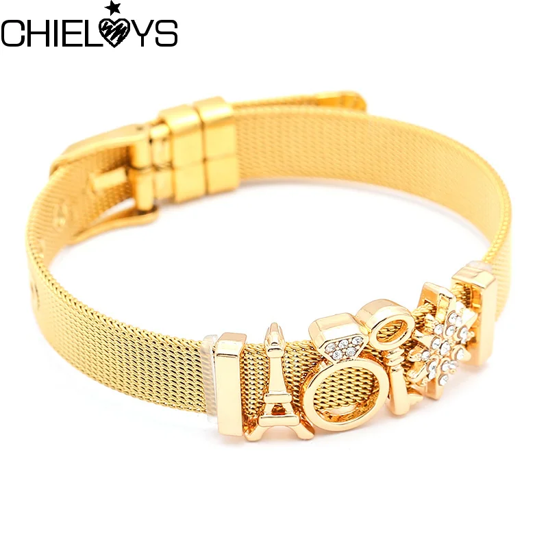 

CHIELOYS Luxury Famous Brand Jewelry Gold Stainless Steel Bracelets & Bangles Female Crown & Flower Charm Bracelet For Women
