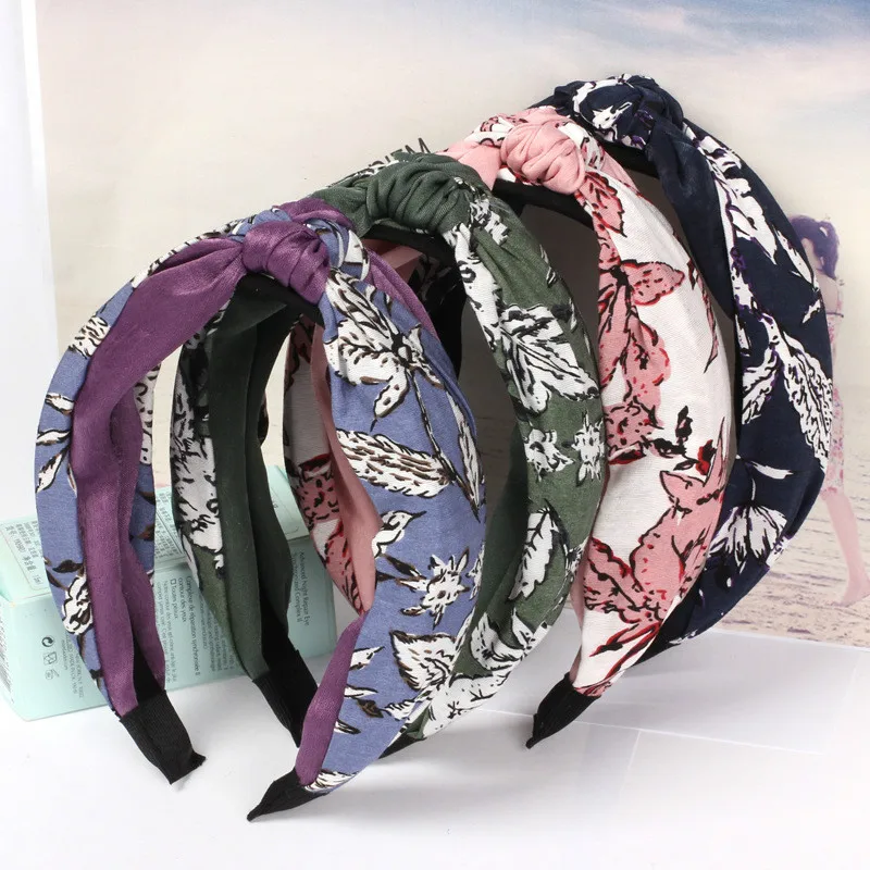 

Deepom Retro Flower Pattern Printing Hairband Hair Accessories Women Cotton Hair Cross Knot Headband Hair Hoop Bezel Headband