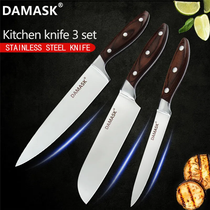 Дамасский нож шеф-повара из нержавеющей стали, японский нож повара, Профессиональные Кухонные ножи " 7" " дюймов, аксессуары для приготовления пищи - Цвет: 3pcs