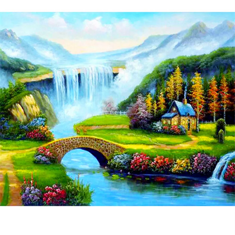 Diamond Embroidery Diamond Painting Landscape Bridge Water House