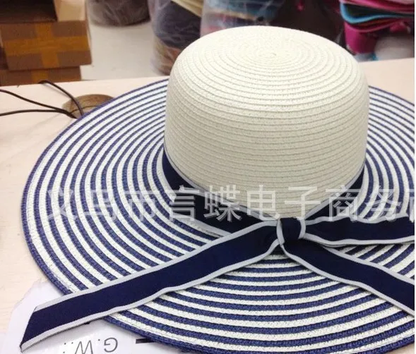 8 шт /2015A-116, полосатая соломенная шляпа с бантом, элегантная пляжная кепка в стиле Хепберн, MS летние шляпы - Цвет: Синий