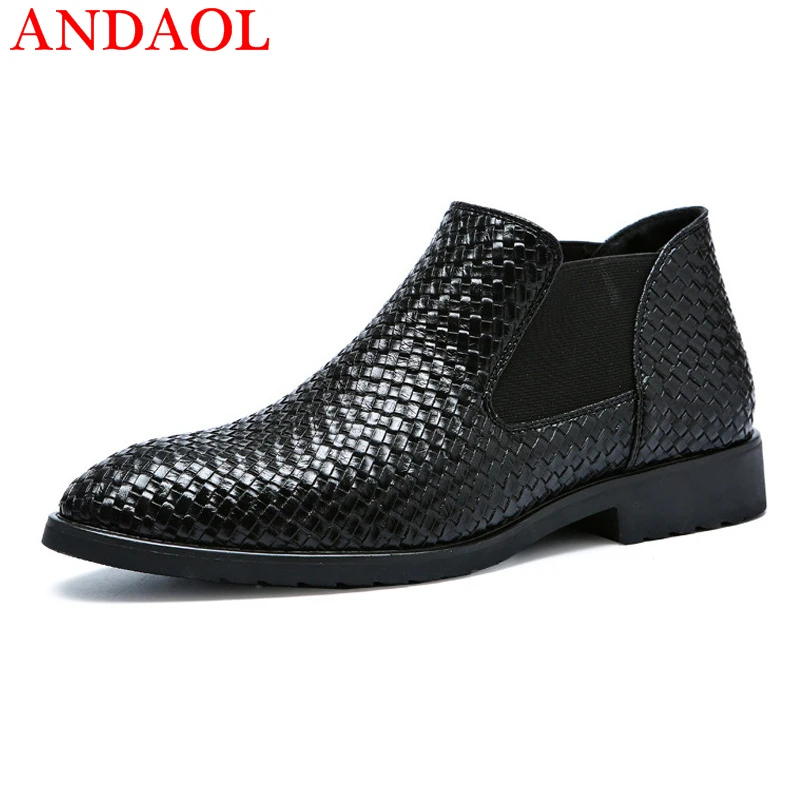 

ANDAOL Men's Leather Casual Shoes Top Quality Manual Compilation Business Office Shoes Luxury Lace-Up Wedding Dress Party Shoes