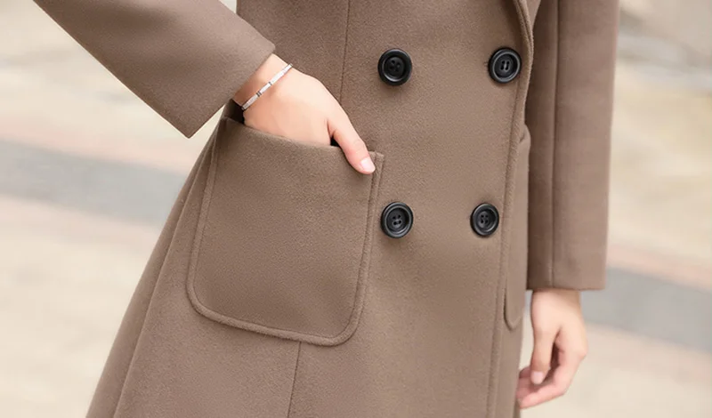 Женское зимнее шерстяное пальто, теплое,, приталенное, модное, повседневное, офисное, Женское пальто, куртка цвета хаки размера плюс, Новинка