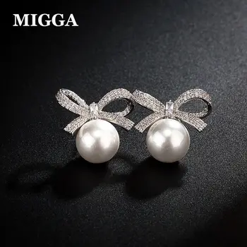 MIGGA élégant Micro cubique zircone Bowknot boucles d'oreilles couleur argent simulé perle boucles d'oreilles pour les femmes Brincos Bijouterie