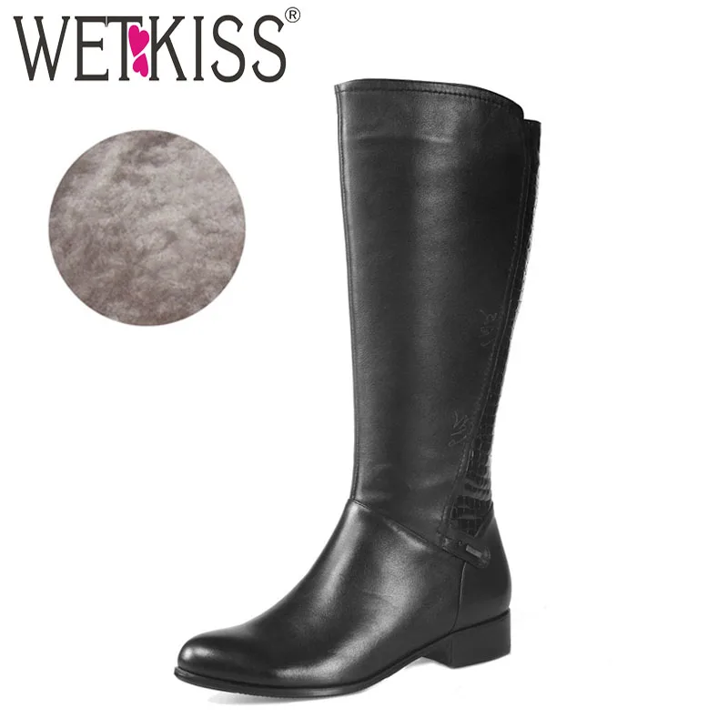 

WETKISS Cow Leather Women Boots Round Toe Print Zip Wool Footwear Knee High Lady Riding Boot Thick Heels Shoes Woman Winter 2018