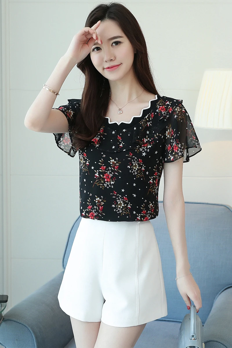 New 2018 Summer Casual Floral Chiffon Women Blouse Shirt Female Short Sleeve Slim Retro V Collar Tops Clothes Blusas 0573 40