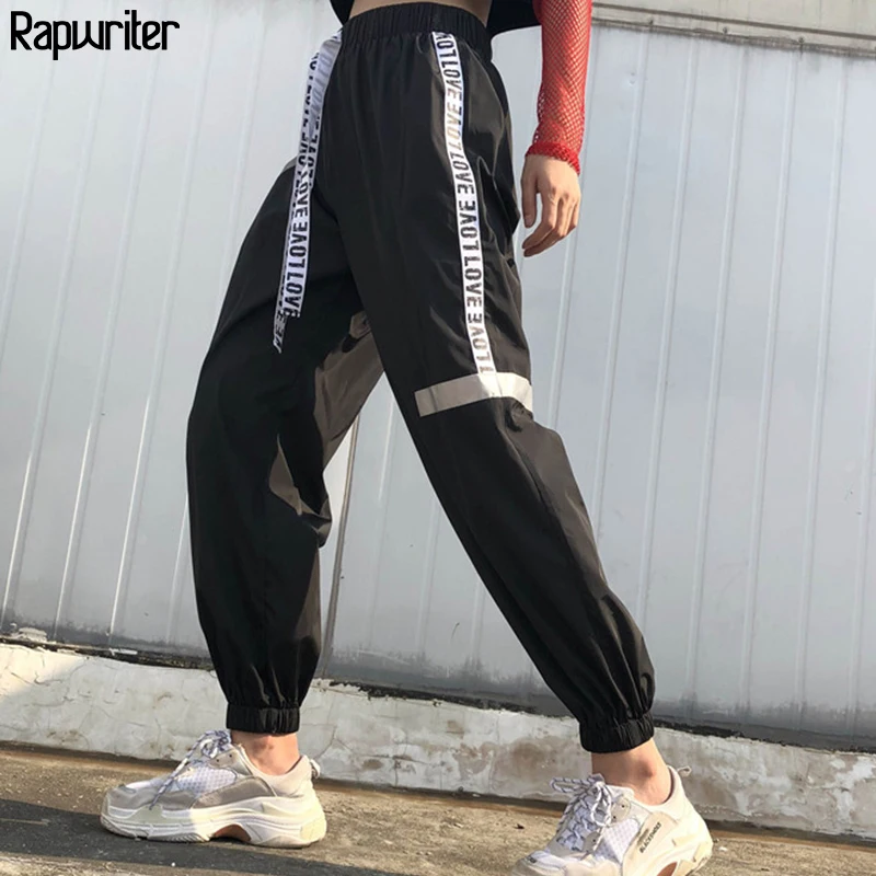 

Rapwriter Stretch High Waist Reflective Strip Patchwork Letter Drawstring Pant Women 2019 Streetwear Summer Black Pencil Pants