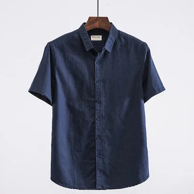 Мужские летние модные брендовые в японском стиле Простые однотонные хлопковые льняное с короткими рукавами рубашки мужские повседневные тонкие рубашки 4XL 100 кг Ткань - Цвет: deep blue