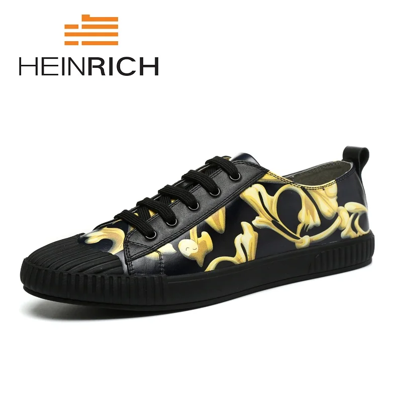 

HEINRICH 2018 Spring Canvas Men Casual Shoes Breathable Round Lace-Up Flats British Print Style Mens Shoes Schoenen Man