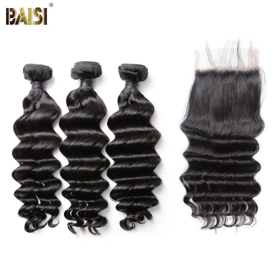 

BAISI Hair Brazilian 8A Natural Wave Virgin Hair Weave 3 Bundles with Lace Closure 100% Human Hair