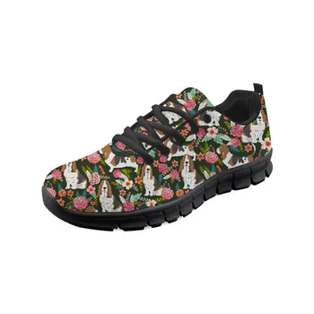 

ELVISWORDS Women's Shoes Basset Dog Floral Printing Flat Shoes Sneakers Lace-up Mixed Colors Ladies Shoes Casual Animal Footwear